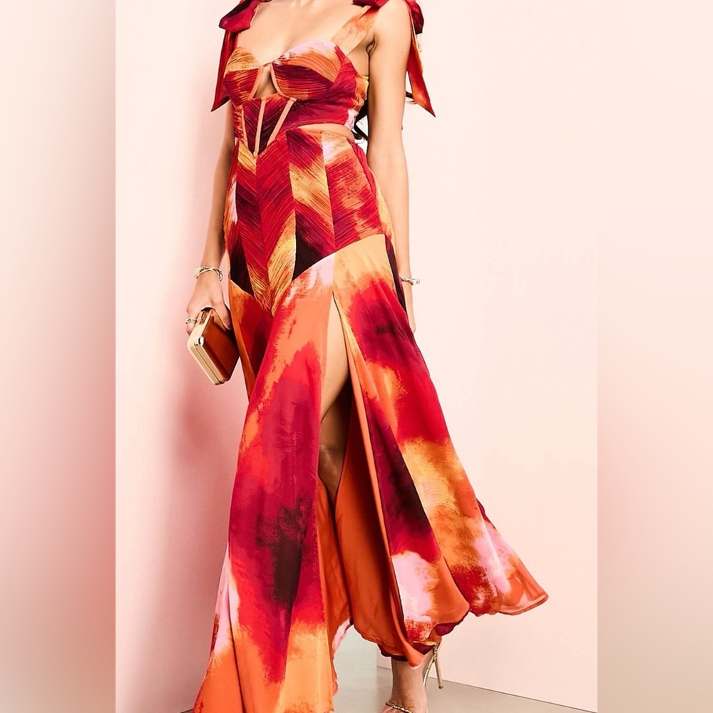 ASOS Luxe Chiffon Maxi Dress | Abstract Print | Slit | Occasion Wear 
Size/ 12